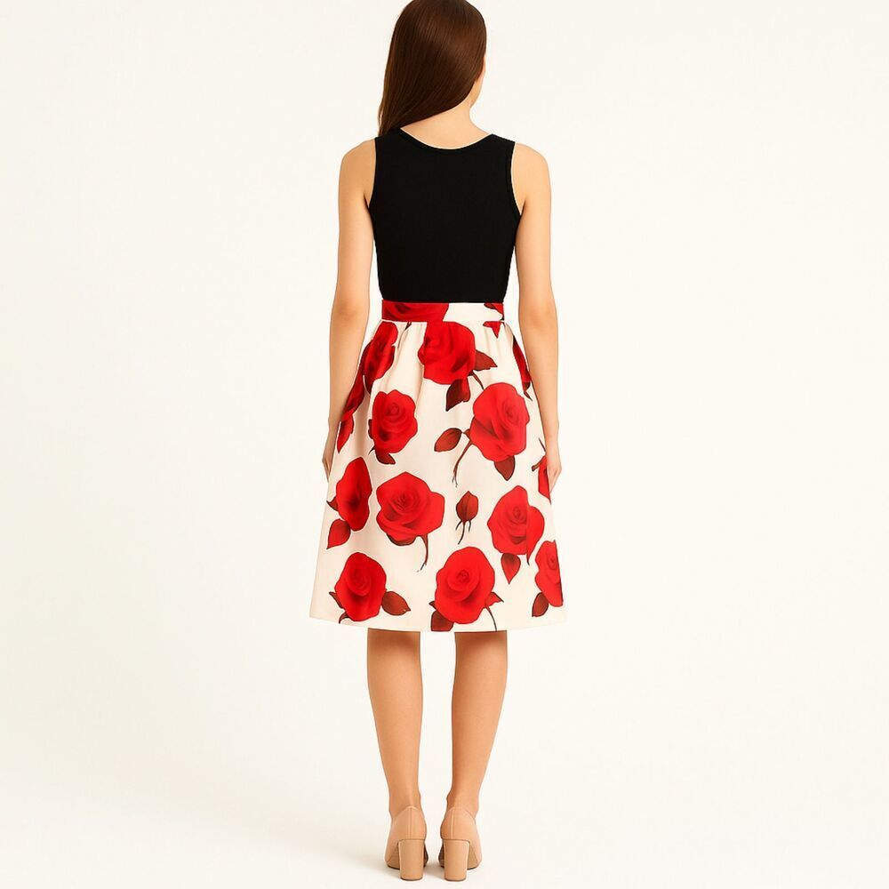 Chicwish | Red Rose Floral Pleated Full Midi Skirt Cream Satin Size M | EUC - Picture 2 of 10